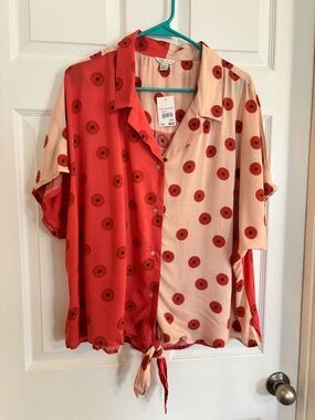 Cato Two-Tone Orange and Cream Floral Tie-Front Button Down Top size 22/24W